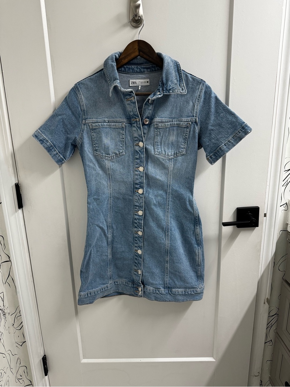 Zara Light Blue Short-Sleeve Denim Button Dress